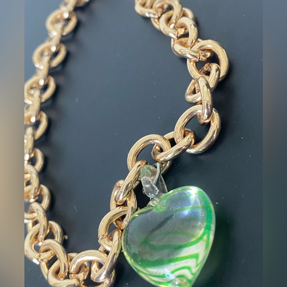 Upcycled Y2K Style Gold Tone Chain Necklace with Green Swirled Heart Charm